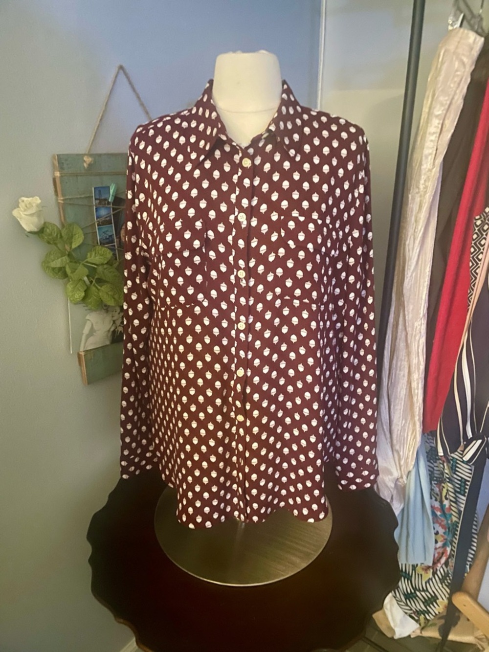 LOFT Burgundy acorn print utility blouse